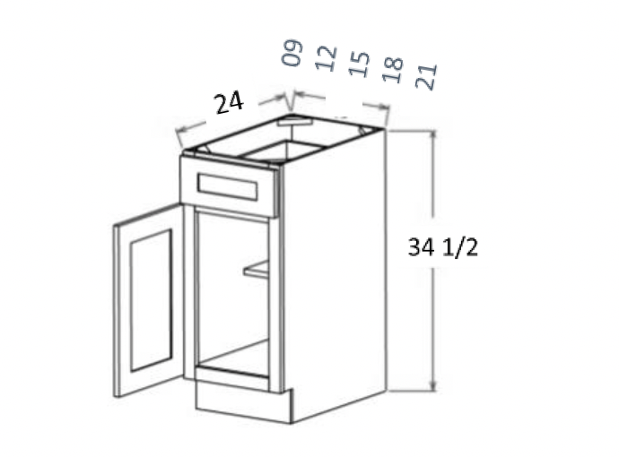 Gray Shaker 09″ – 21″ Base Cabinet – Single Door / Single Drawer