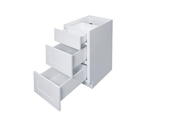 White Shaker 12″ – 30″ Three Drawer Base Cabinet