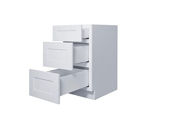 White Shaker 12″ – 30″ Three Drawer Base Cabinet