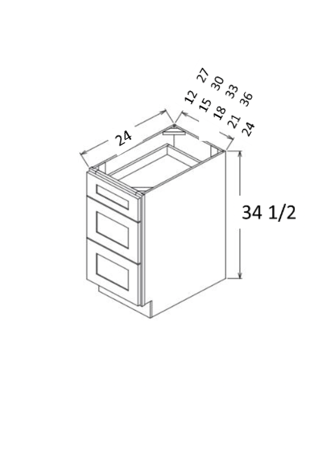 Gray Shaker 12″ – 30″ Three Drawer Base Cabinet